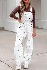 Light French Beige Polka Dot Print Bib Pocket Denim Barrel Overalls Jumpsuit