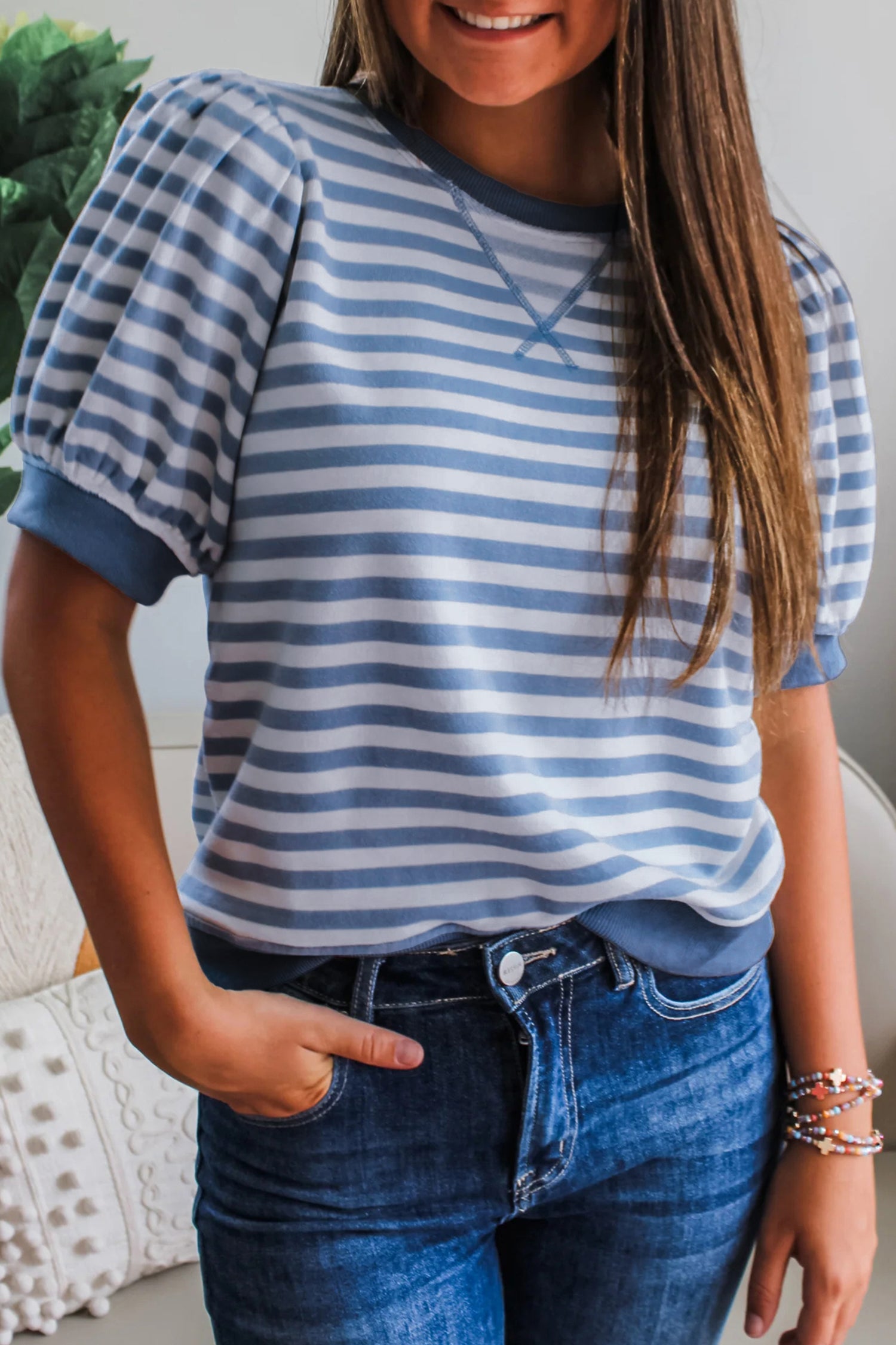 Orange Stripe Short Bubble Sleeve T Shirt