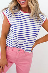 Blue Stripe Contrast Trim Round Neck Cap Sleeve Tee