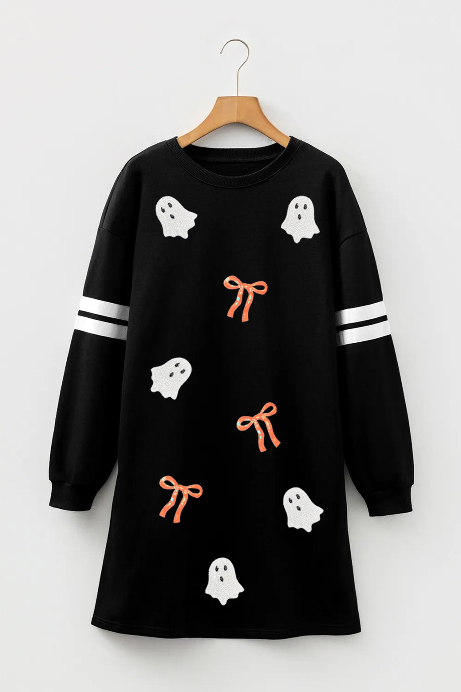 Black Sequin Ghost Graphic Varsity Striped Sleeve Halloween Sweatshirt Dress