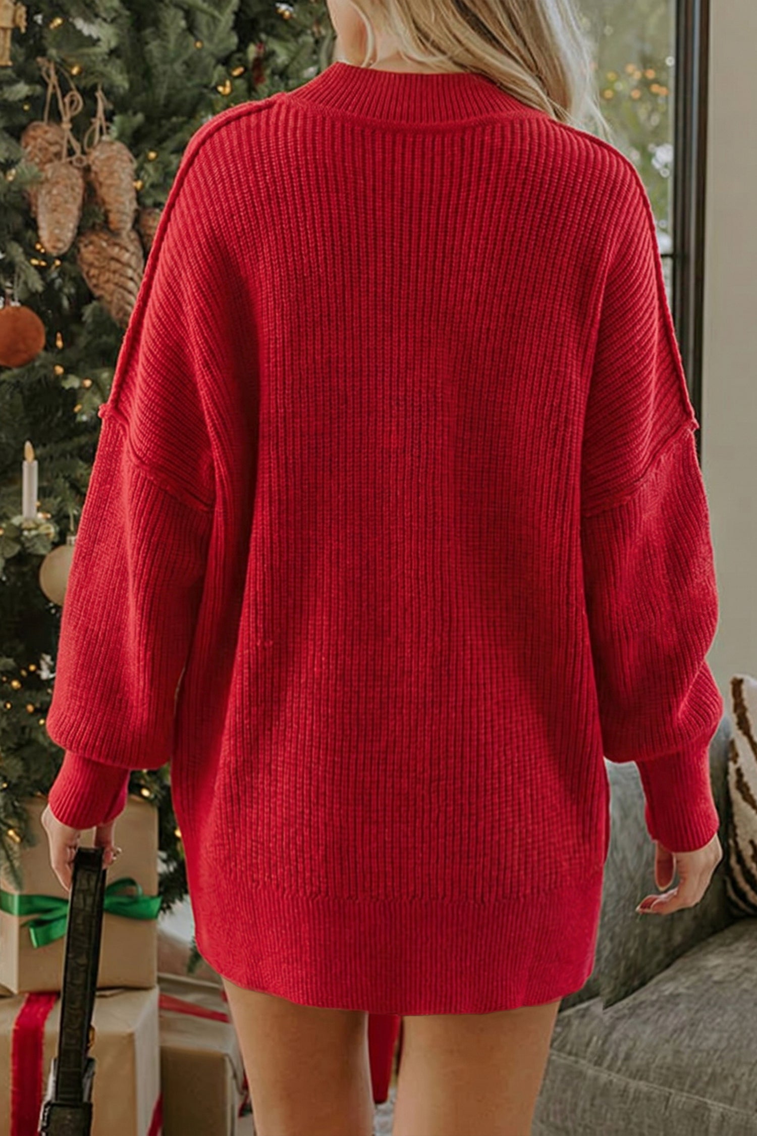 Red Dahlia Long Sleeve Ribbed Knit Stand Neck Regular Fit Sweater