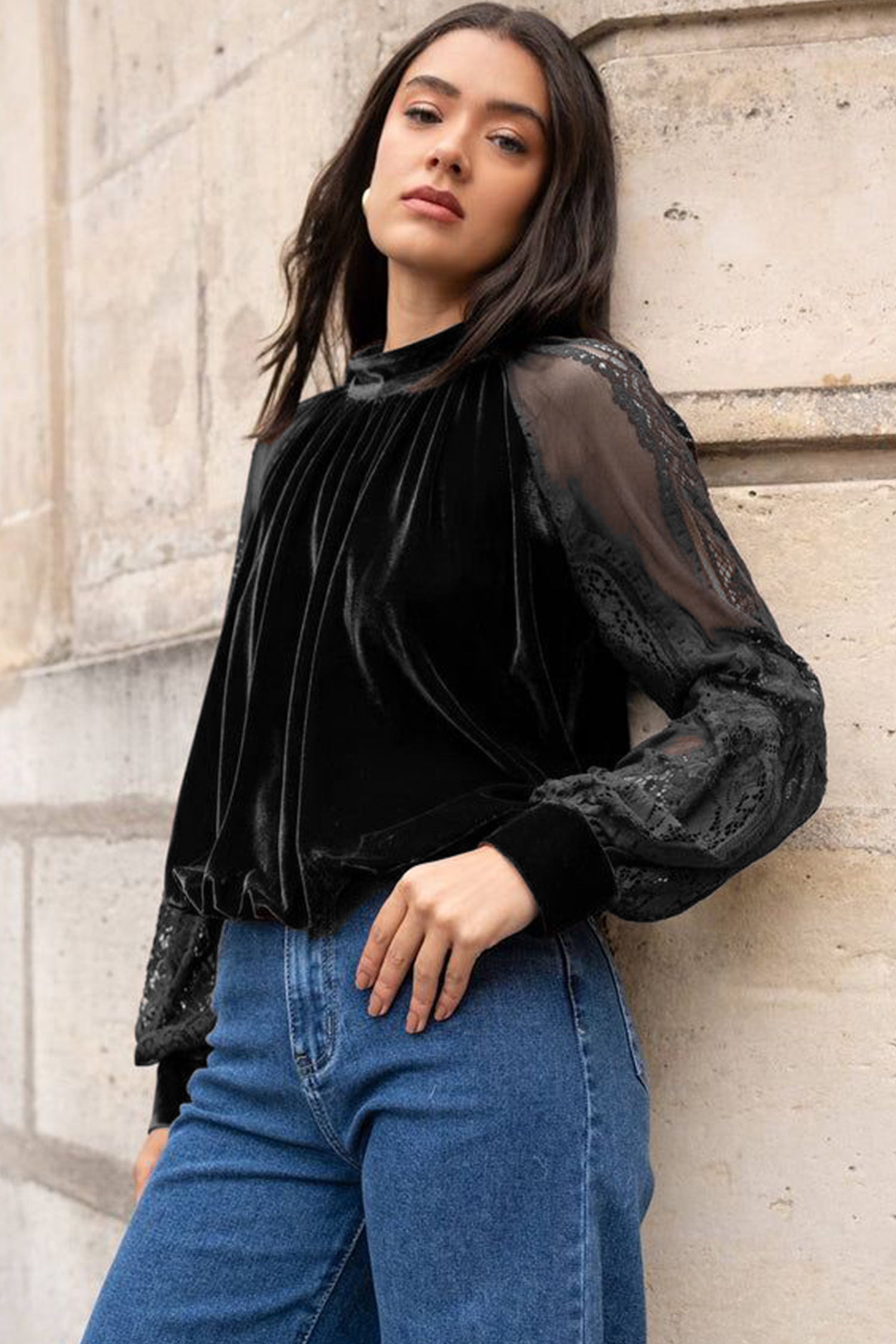 Color Black Solid Color Sheer Lace Long Sleeve Patchwork Stand Neck Velvet Blouse