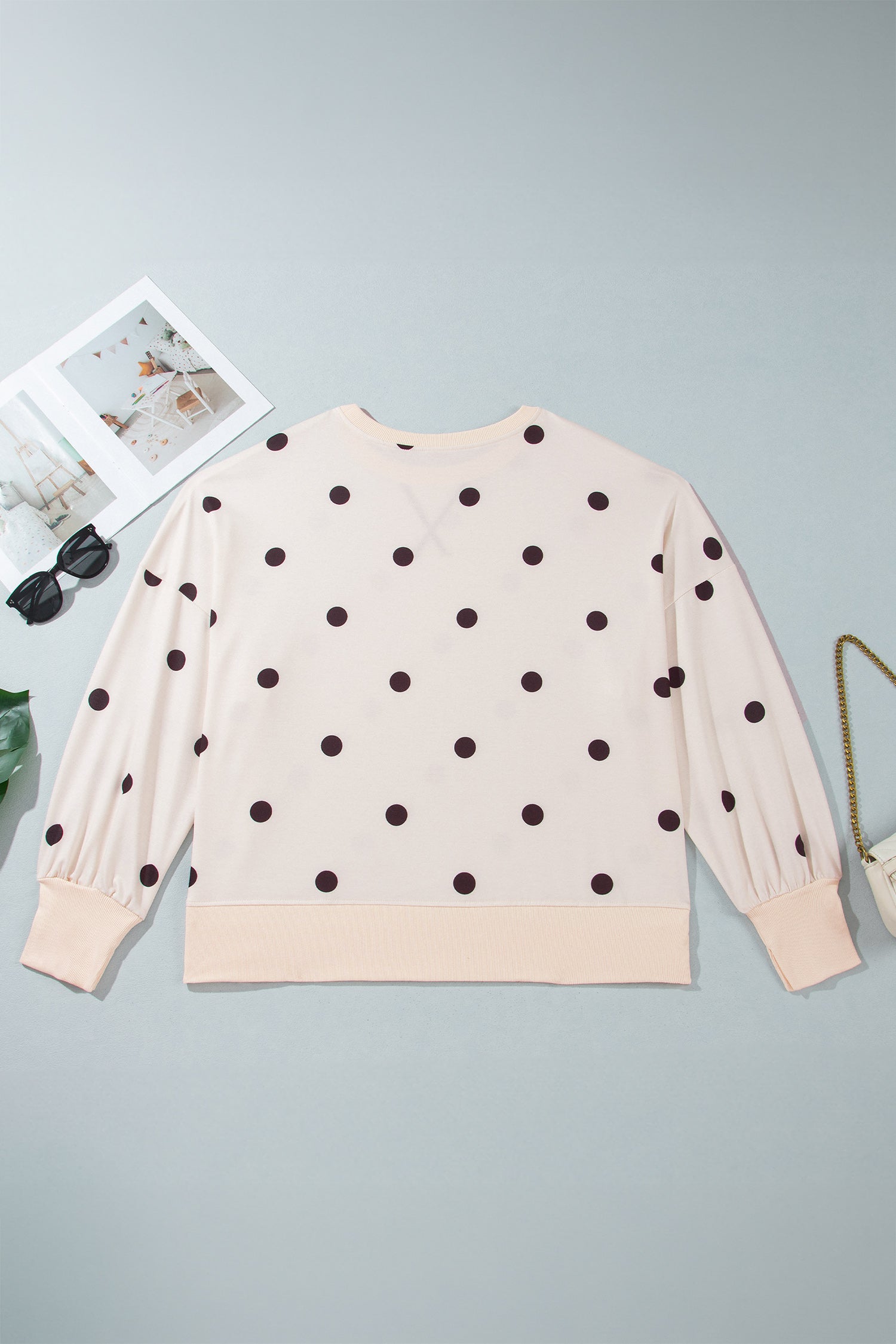 Beige Round Neck Long Sleeve Polka Dot Plus Size Top