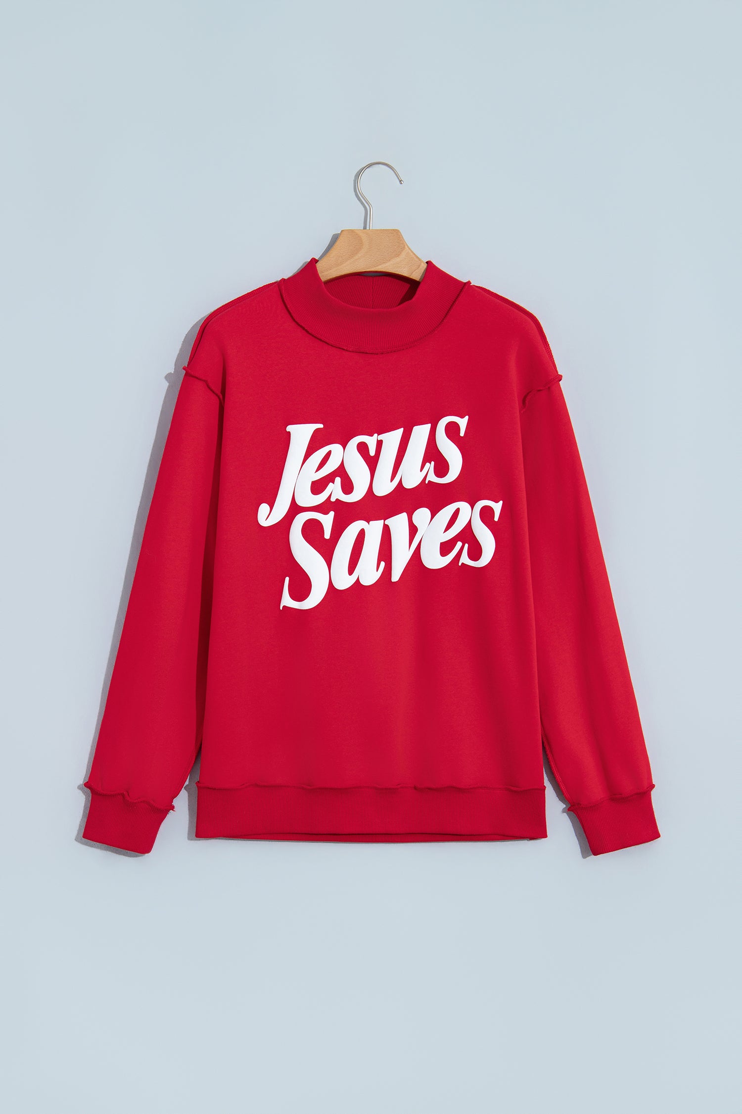Fiery Red Jesus Saves Slogan Print Stand Neck Baggy Sweatshirt