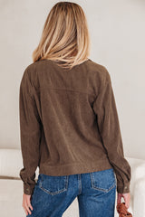 Dark Khaki Button Zip Up Lapel Collar Corduroy Jacket