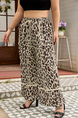 Khaki Exposed Seam Patched Pocket Plus Size Drawstring Leopard Wide Leg Pants