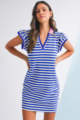 Dark Blue Striped Ruffle Short Sleeve Pop of Color Neckline Dress