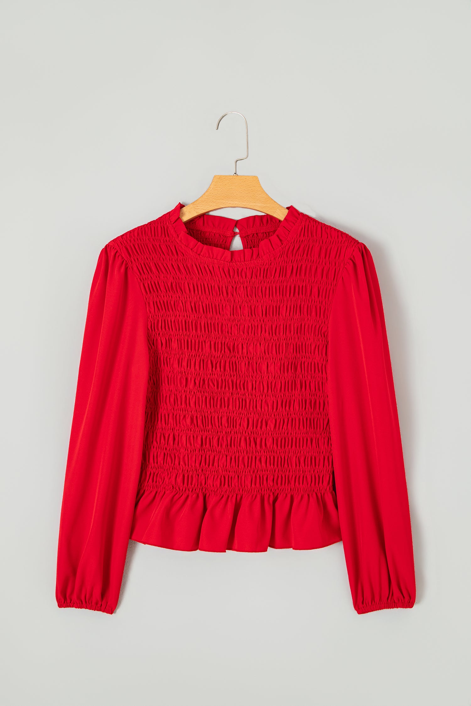 Racing Red Solid Color Smocked Ruffle Hem Long Sleeve Blouse