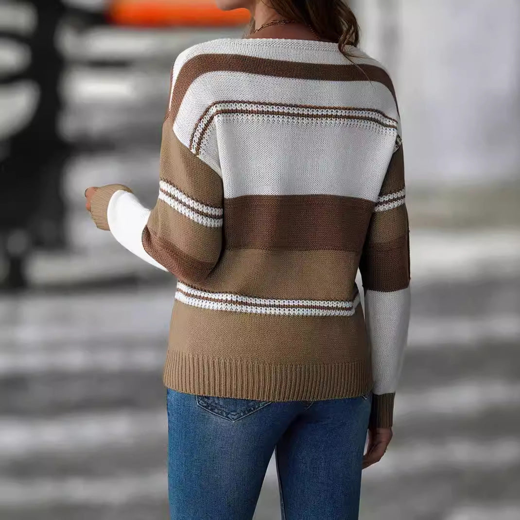 Loose V-neck Color-block Striped Pullover Long Sleeve Sweater