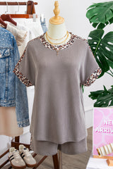 Light Grey Leopard Trim Twist Ribbed Short Set