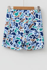 Sky Blue Abstract Camo Printed Seam Detail Biker Shorts