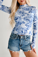Sky Blue Floral Print Long Sleeve Stand Neck Mesh Top