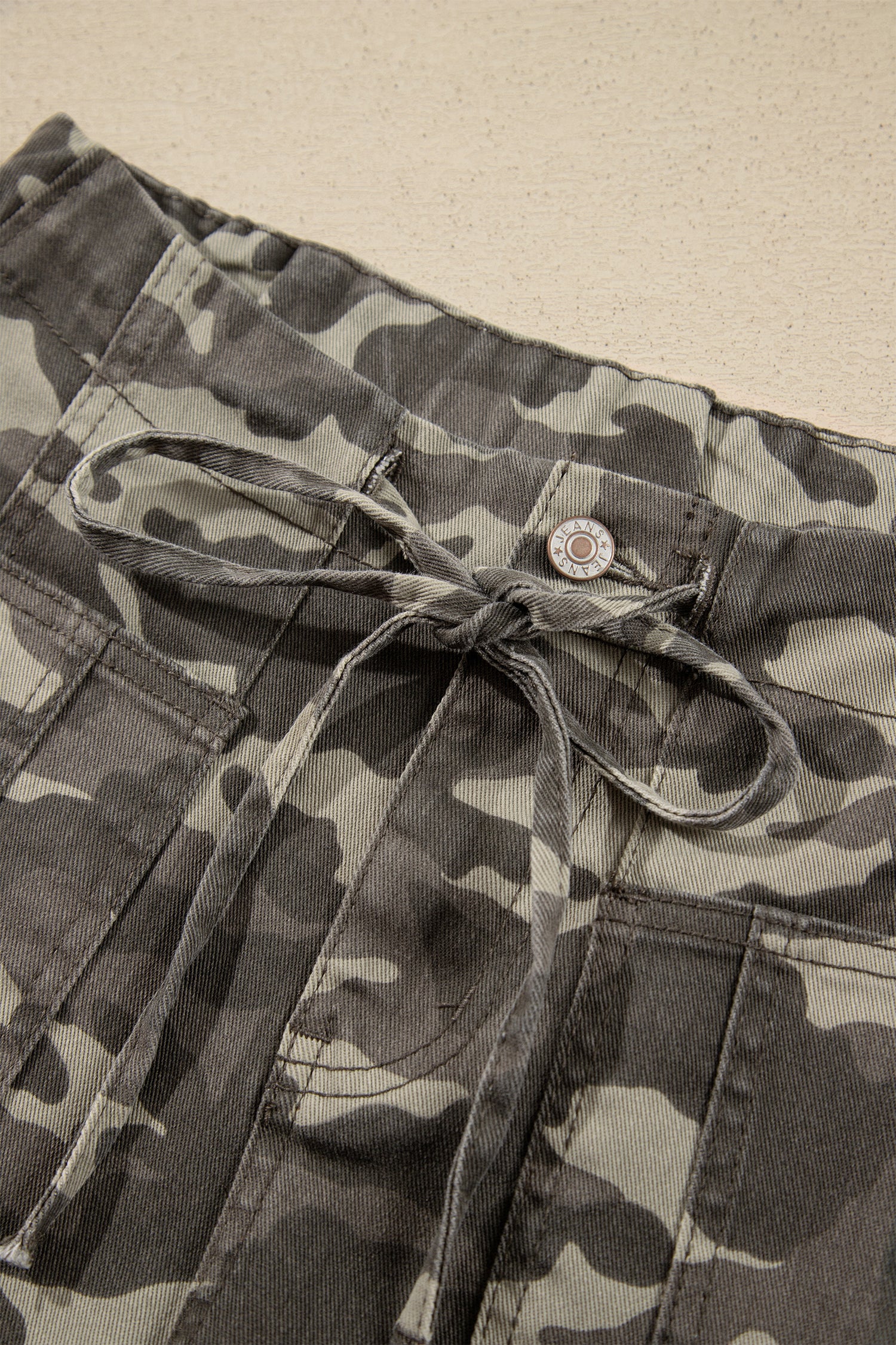 Khaki Leopard Printed Drawstring Elastic Waistband Pocketed Barrel Jeans