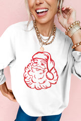 White Christmas Santa Claus Graphic Rhinestone Transfer Drop Shoulder Sweatshirt