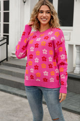 Rose Cute Flower Allover Ribbed Trimmed Drop Shoulder Pullover Sweater