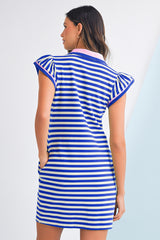 Dark Blue Striped Ruffle Short Sleeve Pop of Color Neckline Dress