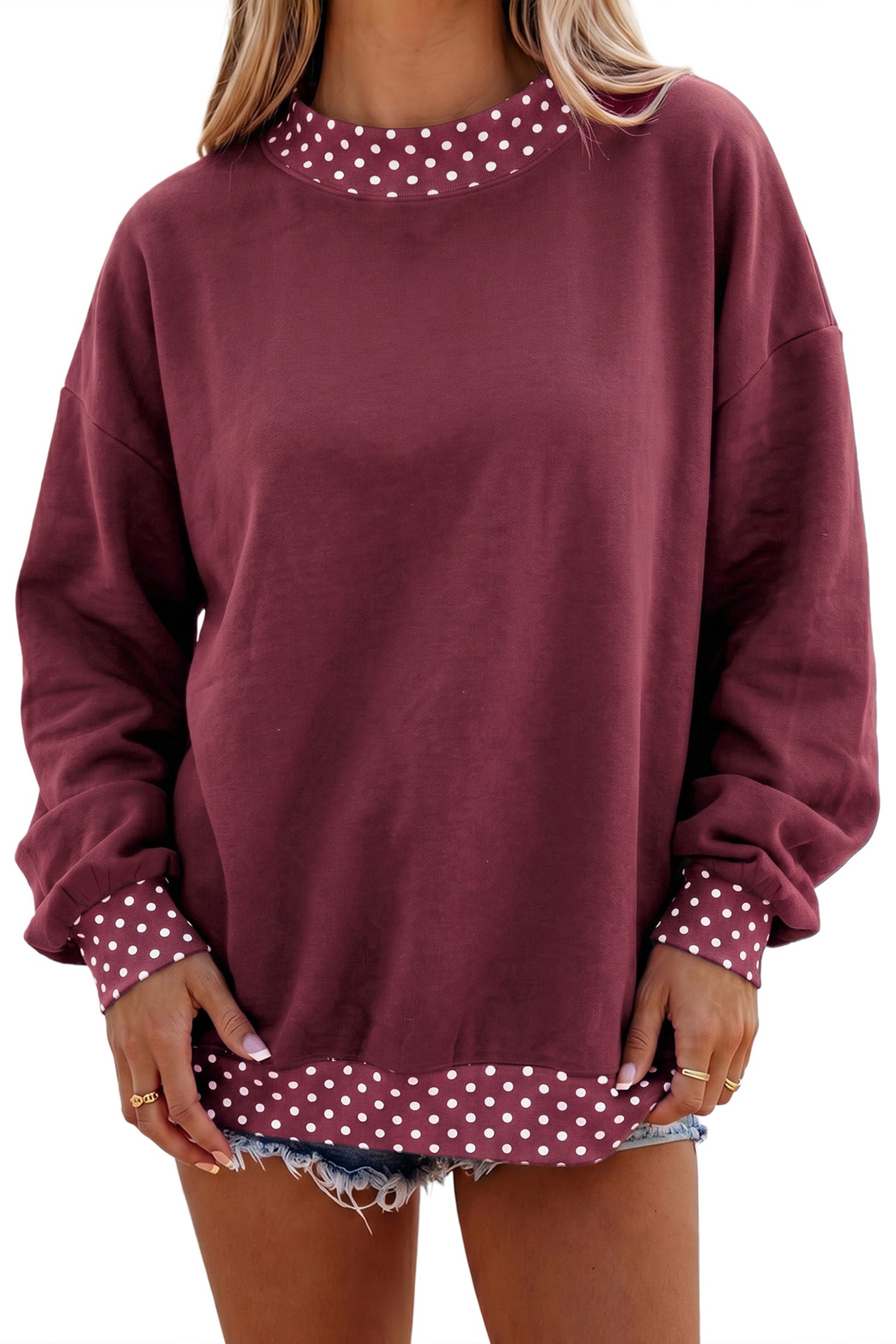 Dark Green Colorblock Polka Dot Contrast Trim Oversized Sweatshirt