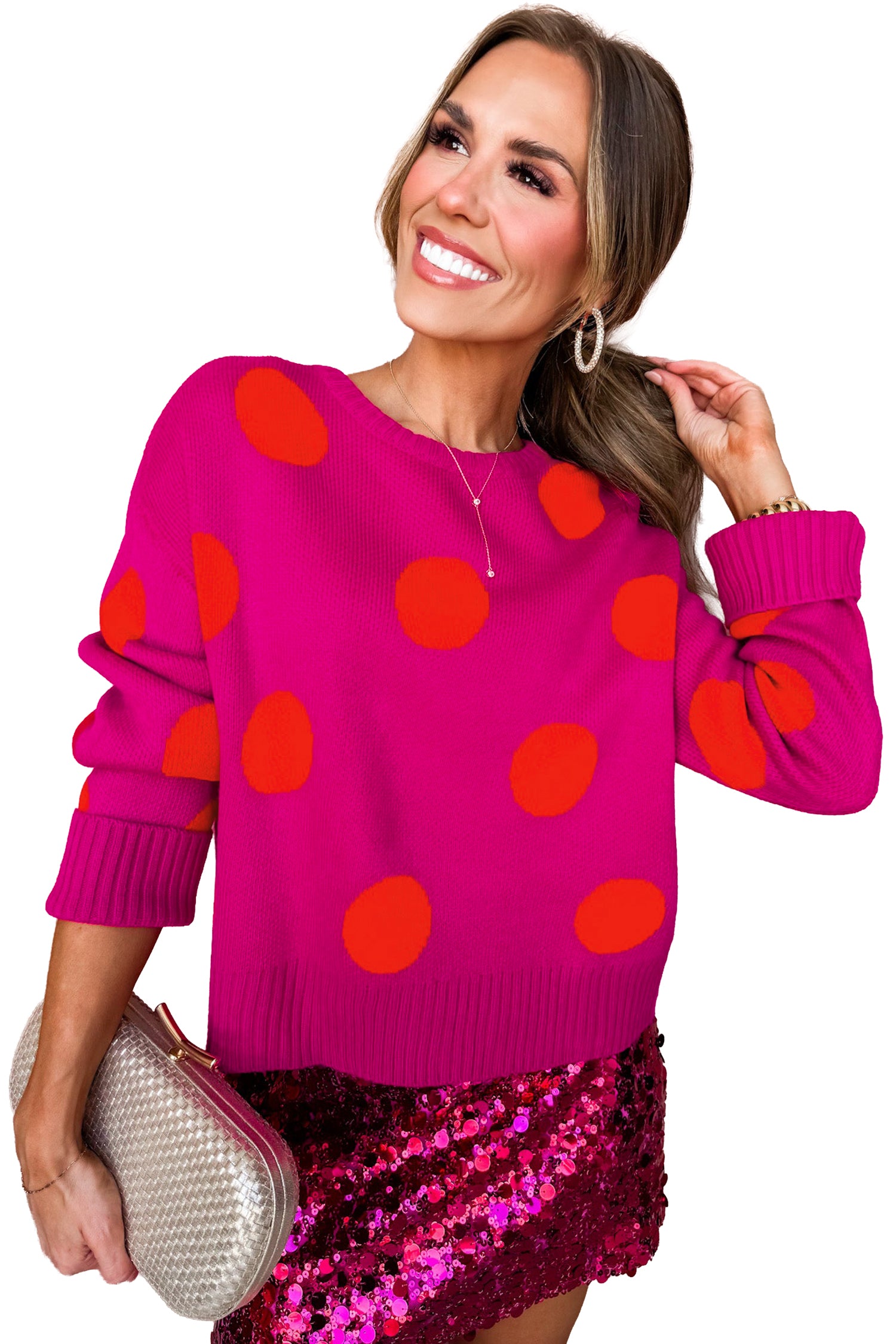 Strawberry Pink Playful Cozy Polka Dot Sweater
