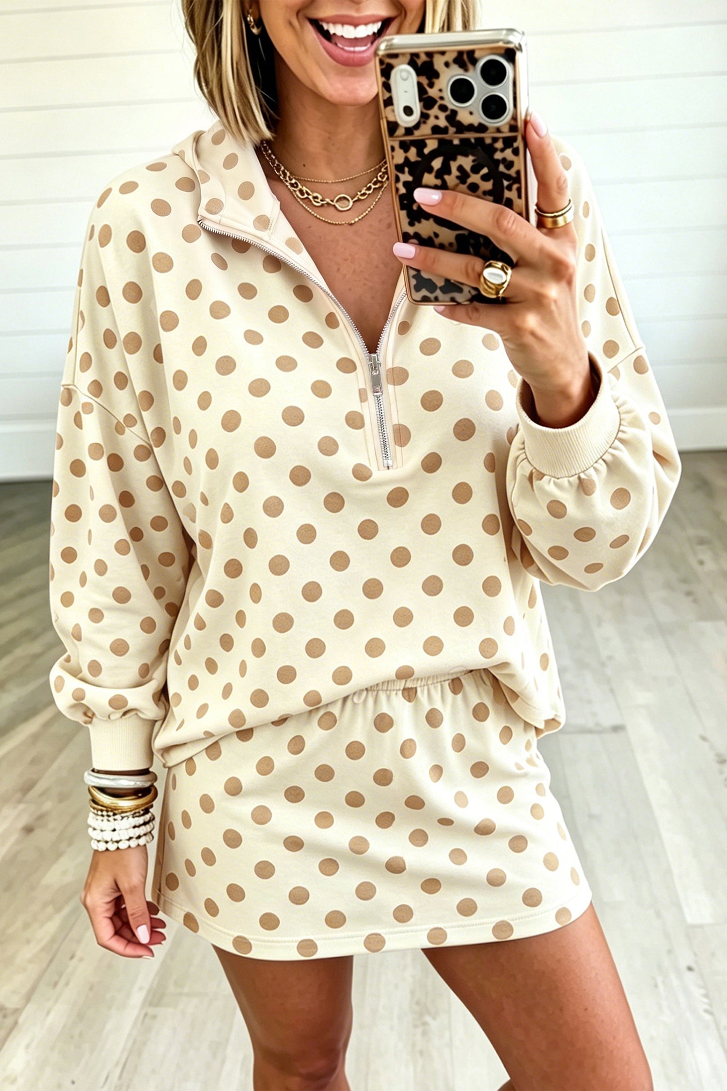 Orange Polka Dot Hooded Long Sleeve Top Casual Mini Skort Set