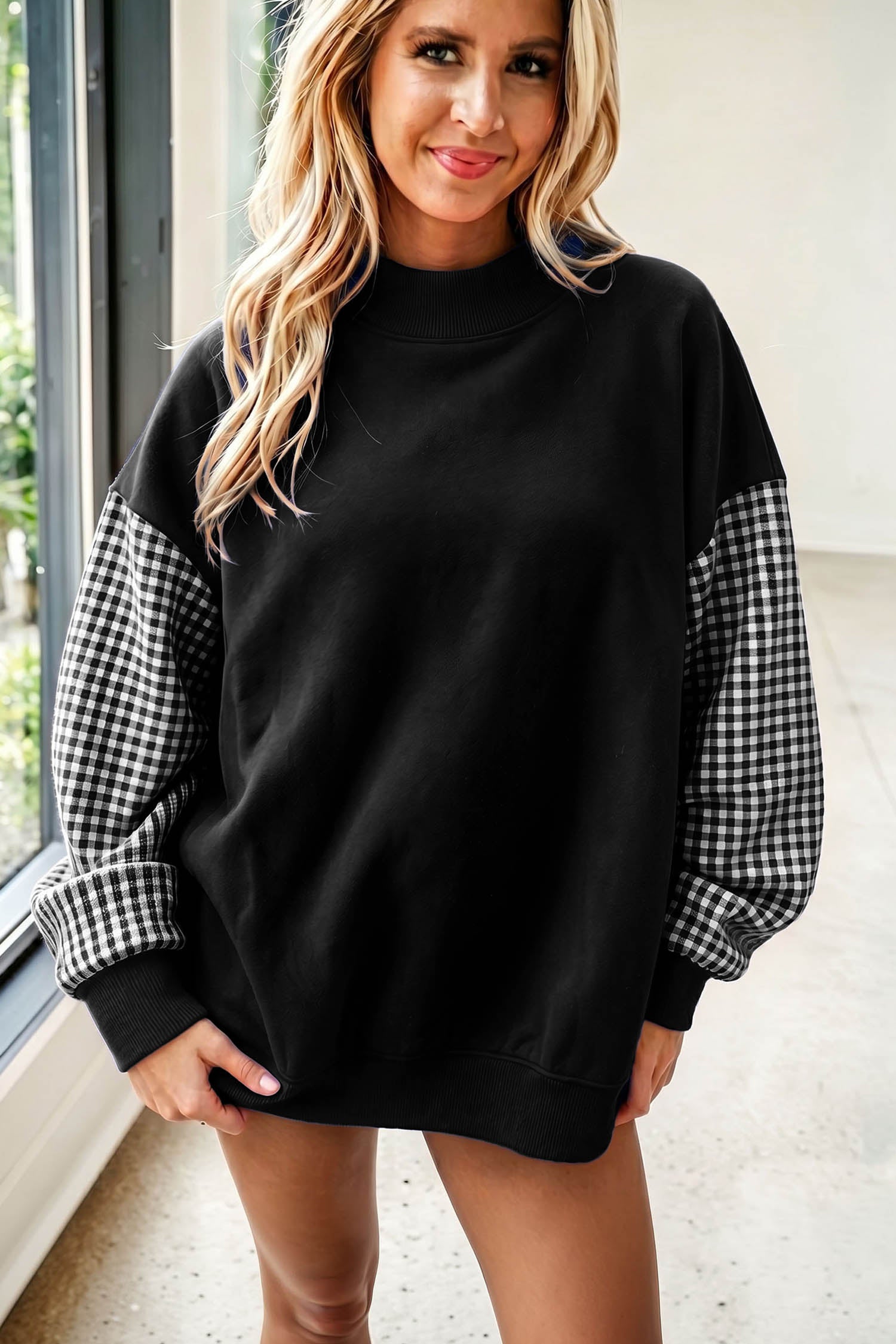 Evergreen Plaid Sleeve Colorblock Loose Tunic Sweatshirt