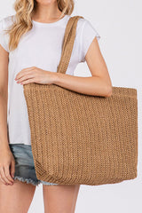 Camel Solid Color Straw Woven Summer Beach Tote Bag