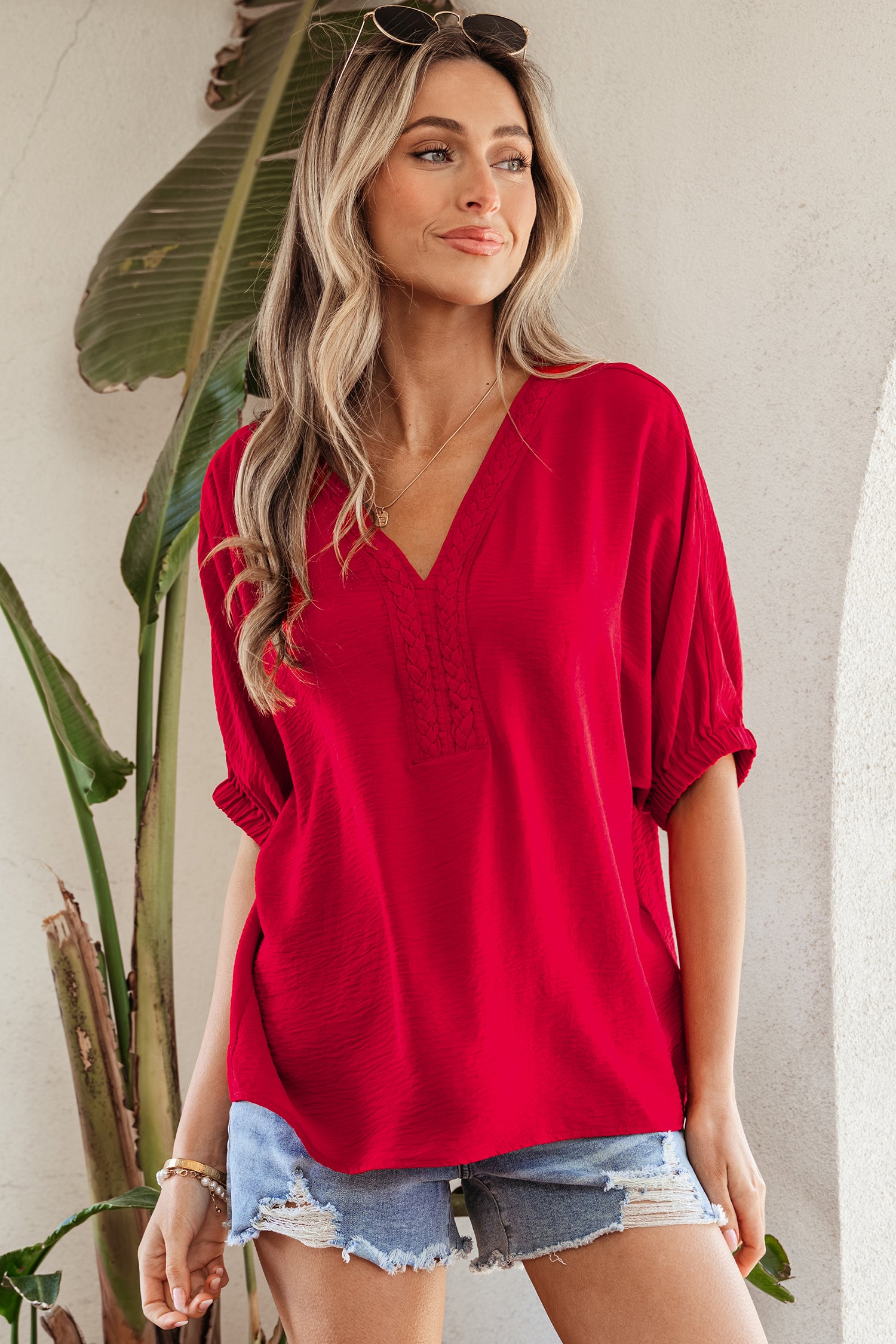 Racing Red Braided Trim V Neck Half Sleeve Blouse