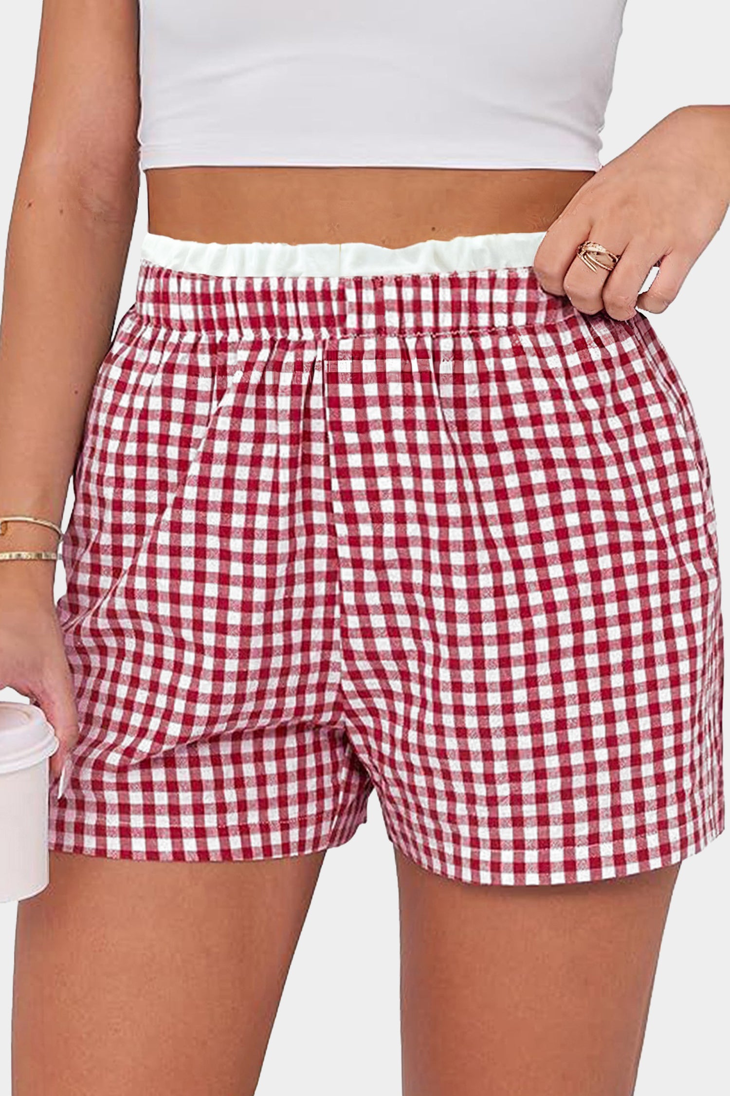 Pink Contrast Trim Plaid Print Plus Size Shorts