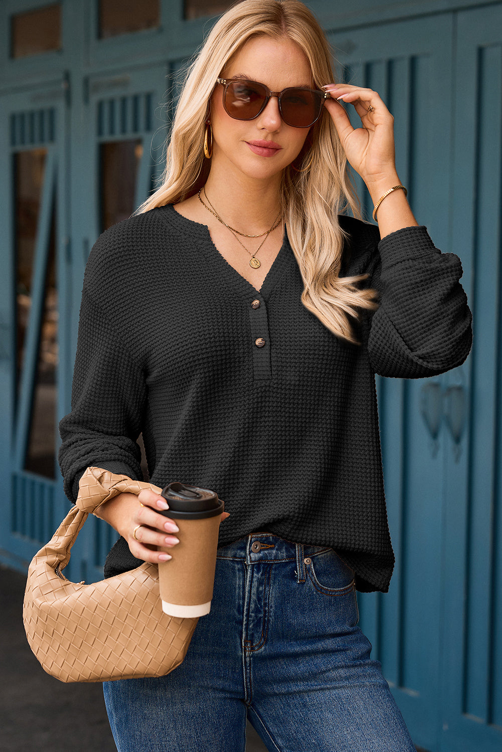 Black Button Notched Neck Waffle Knit Long Sleeve Top
