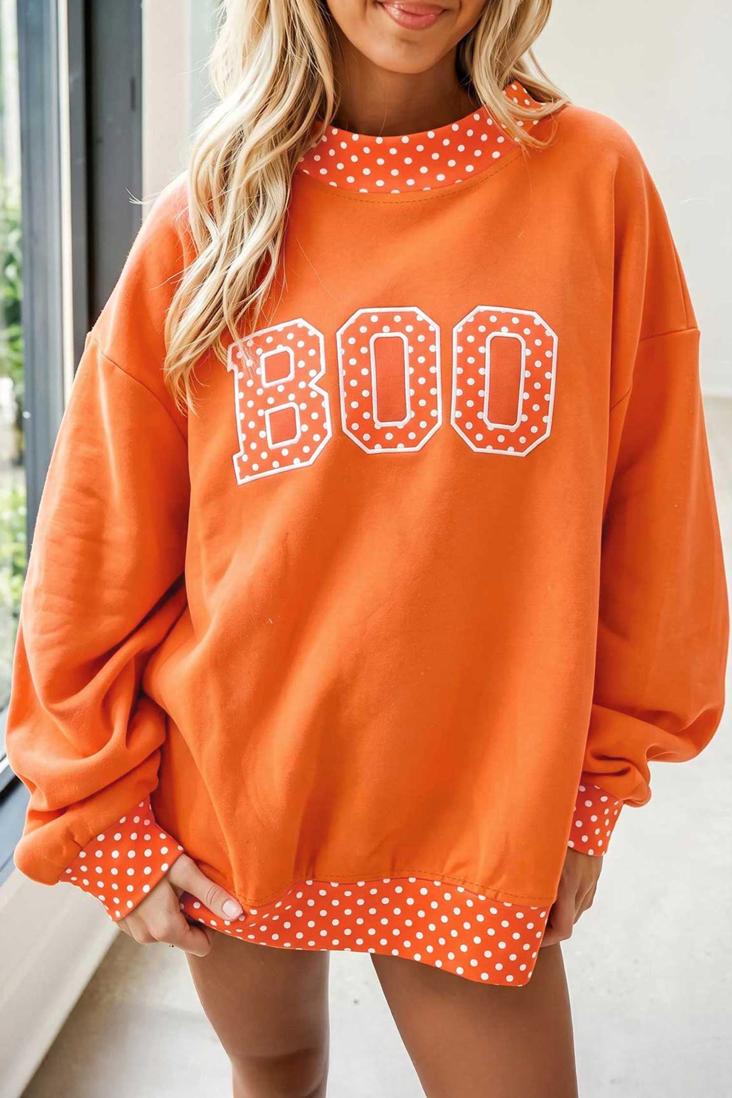 Sail Blue Polka Dot Letter Print Contrast Trim Mock Neck Sweatshirt
