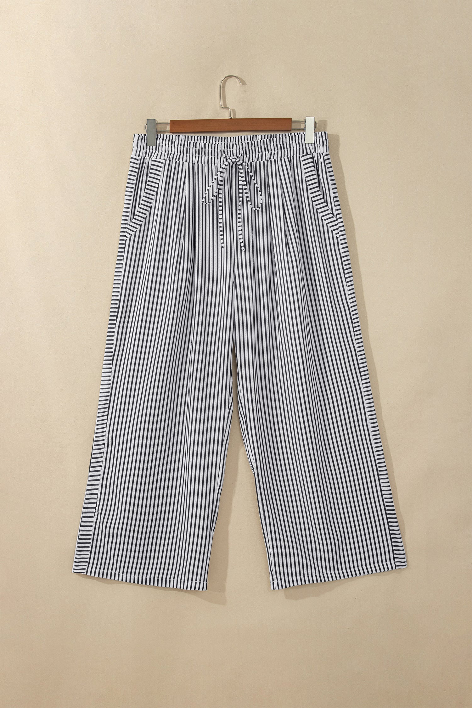 Black Stripe Plus Size Tie Waist Loose Pants