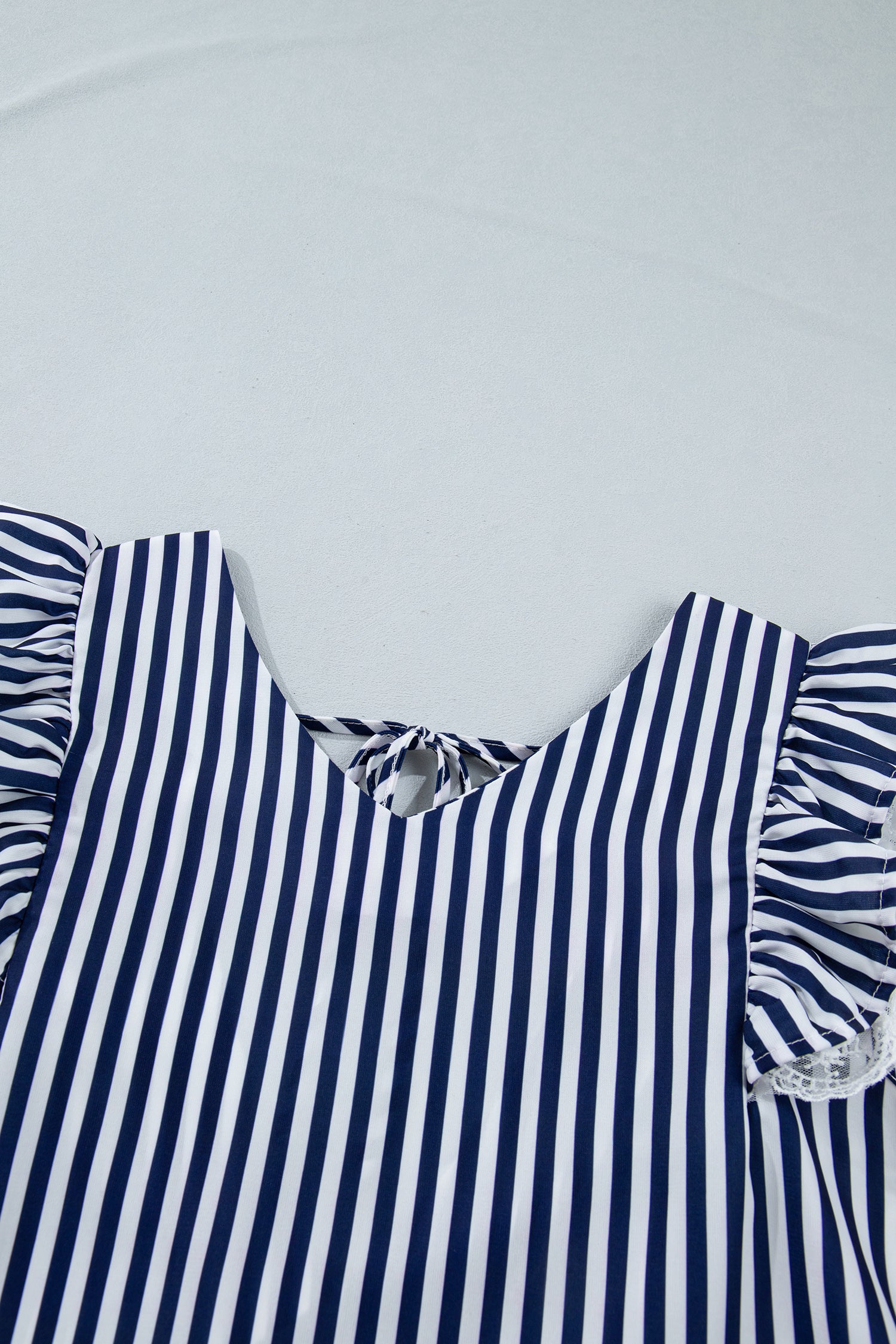 Blue Stripe V Neck Lace Contrast Ruffle Trim Tank Top
