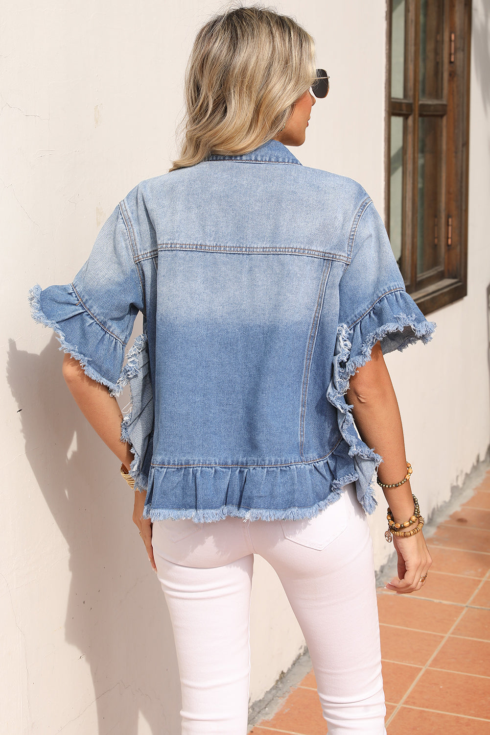 Light Blue Raw Edge Ruffled Short Sleeve Denim Jacket