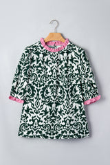 Green Damask Print Ruffled Color Block Detail Half Sleeve Blouse