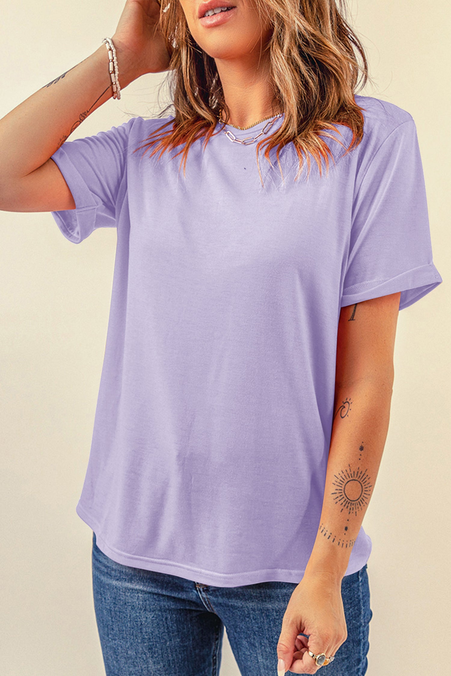 Yellow Cream Casual Plain Crew Neck Tee