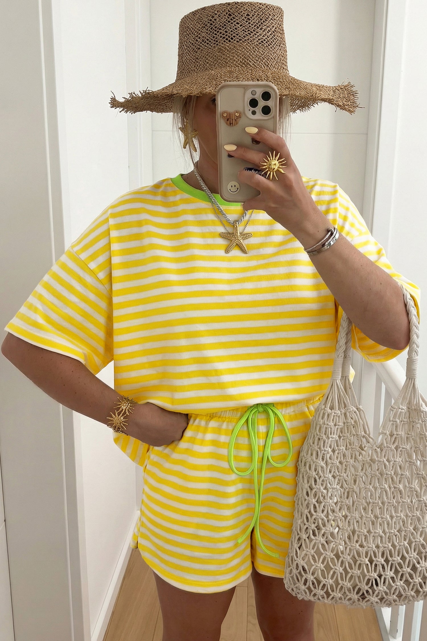 Yellow Stripe Contrast Neck Loose Tee and Drawstring Shorts Set