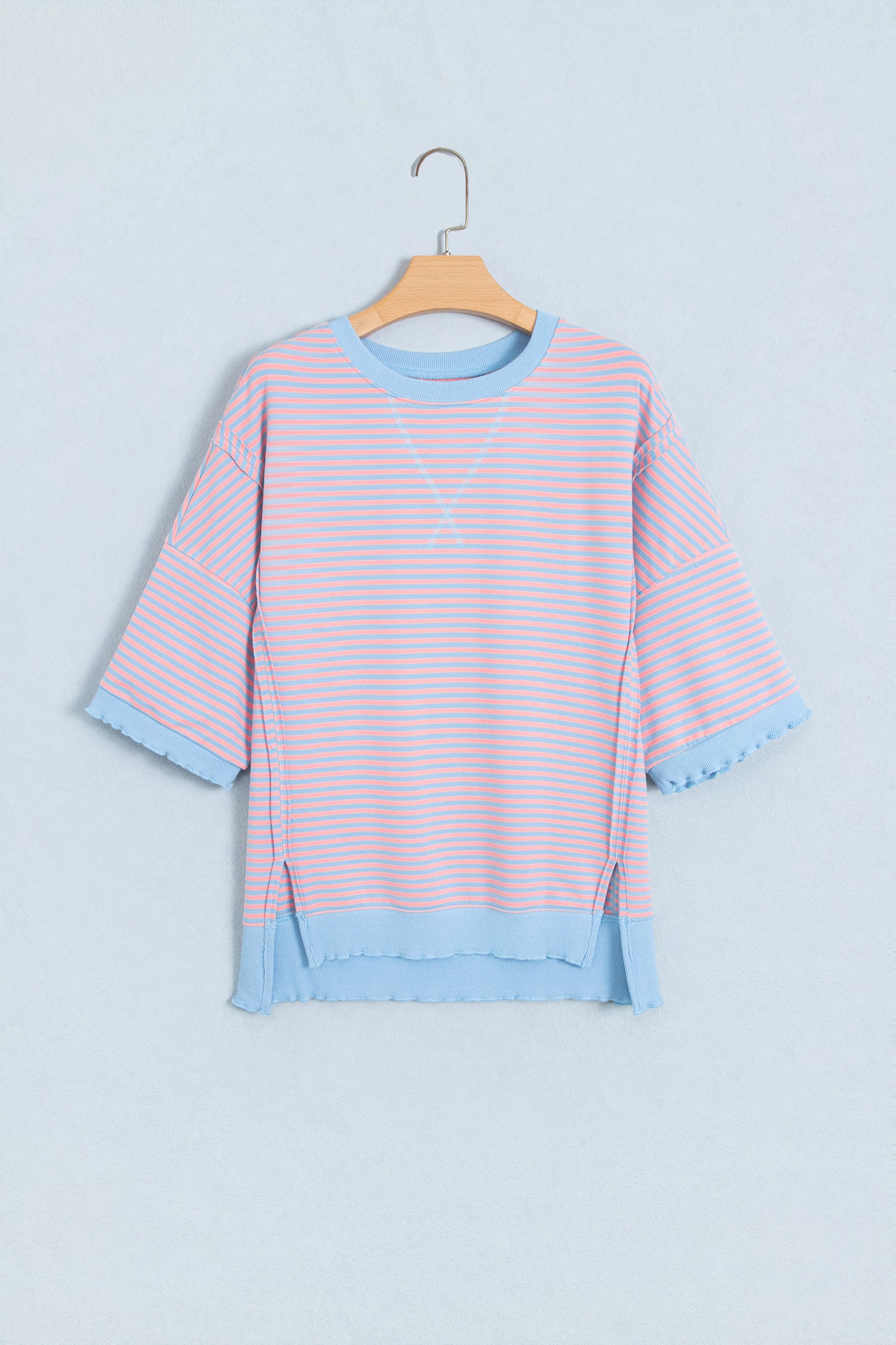 Sky Blue Stripe Colorblock Scalloped Trim Loose 3/4 Sleeve Top