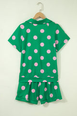 Green Polka Dot Print V Neck Tee Short Set