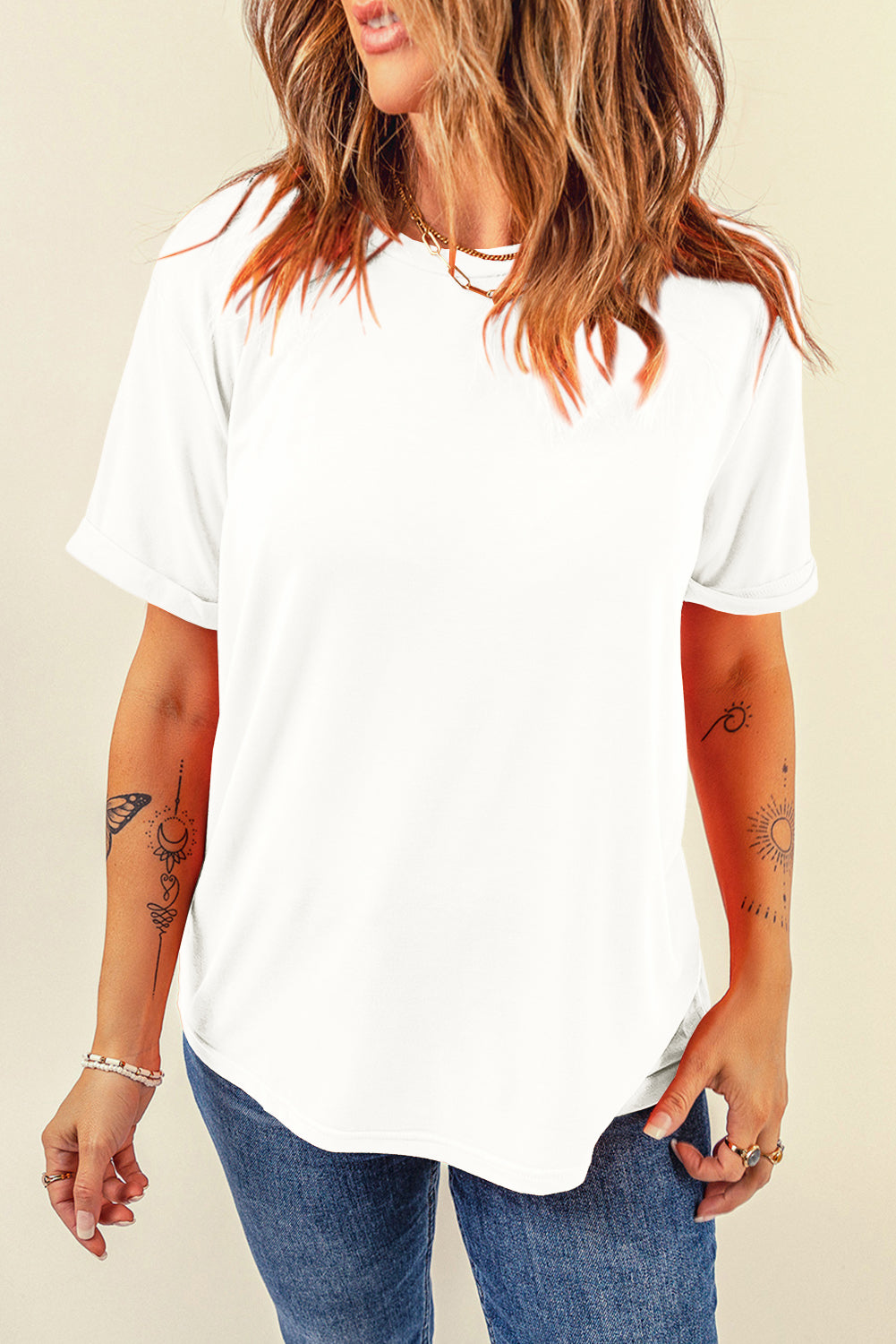 Yellow Cream Casual Plain Crew Neck Tee