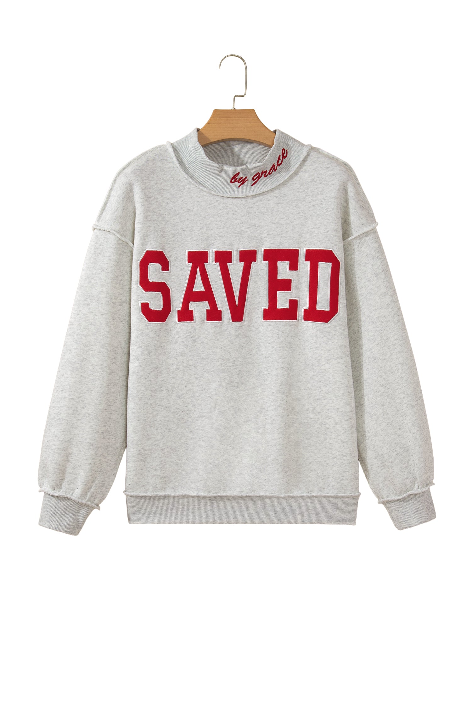 Gray Saved By Grace Embroidered Detail Letter Graphic High Neck Sweatshirt