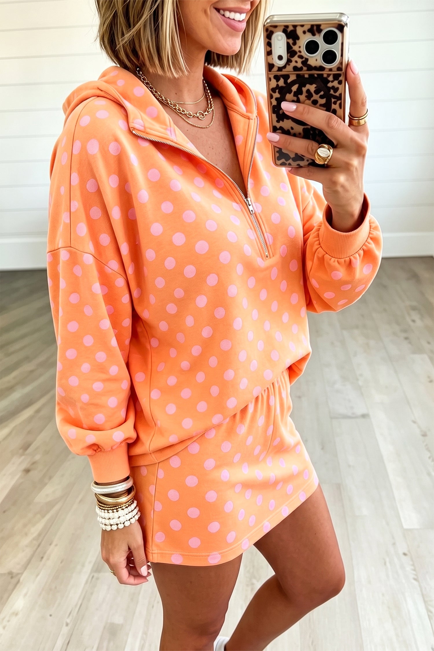 Orange Polka Dot Hooded Long Sleeve Top Casual Mini Skort Set
