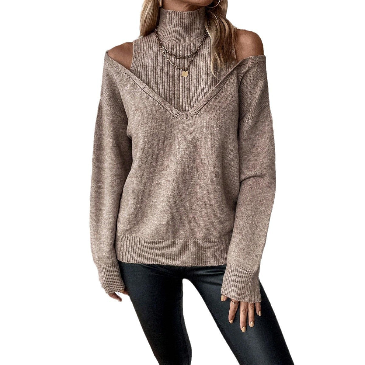 Off-the-shoulder Half Turtleneck Solid Color Thread Temperament Leisure Sweater