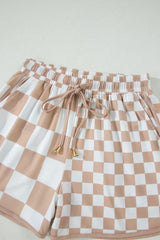 Khaki Double Checkered Print Beaded Drawstring Casual Shorts
