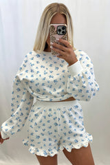 Sky Blue Floral Print Long Sleeve Top Elastic Waist Ruffle Hem Shorts 2pcs Set