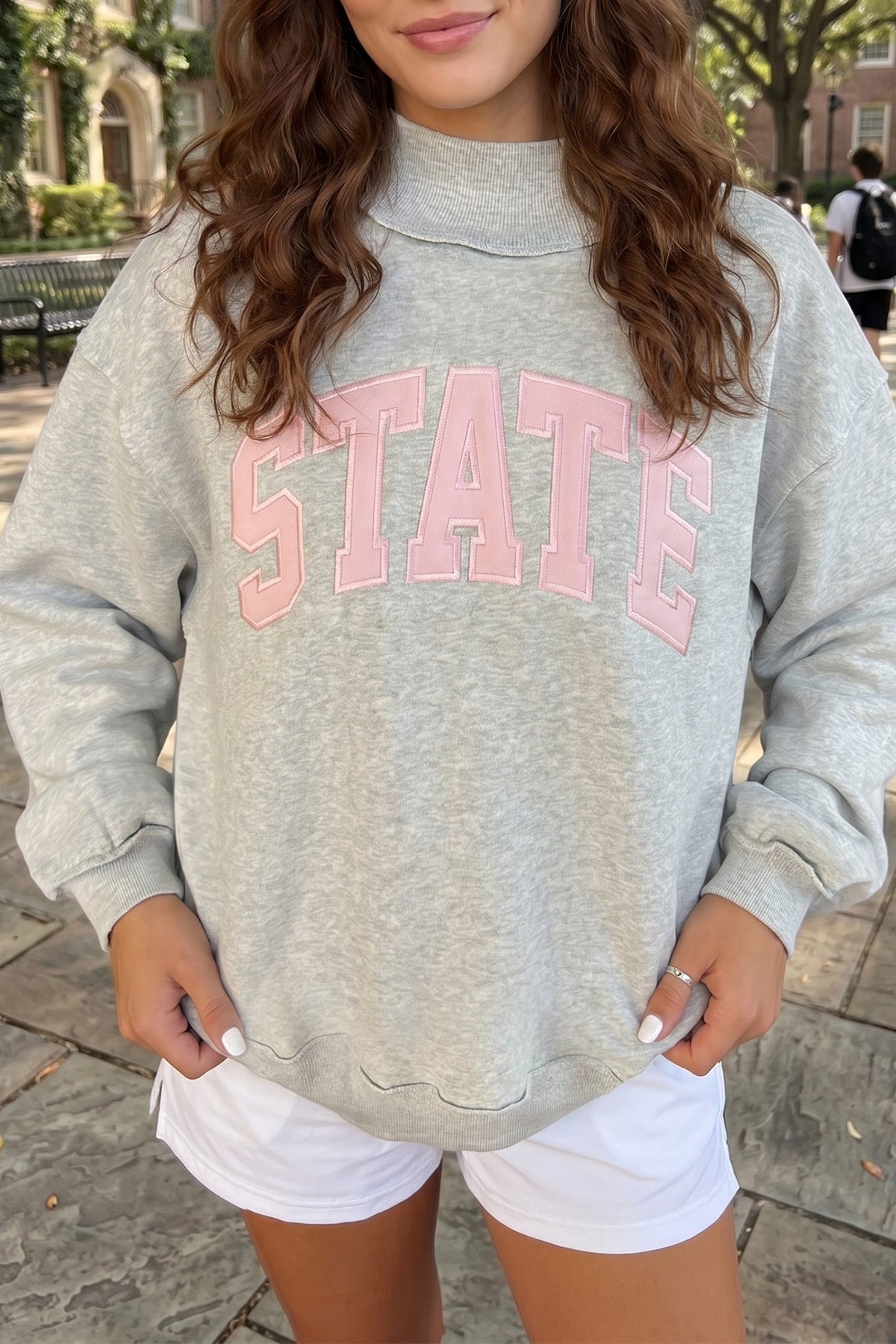 Light Grey Exposed Seam Mock Neck Letter Embroidered Loose Sweatshirt