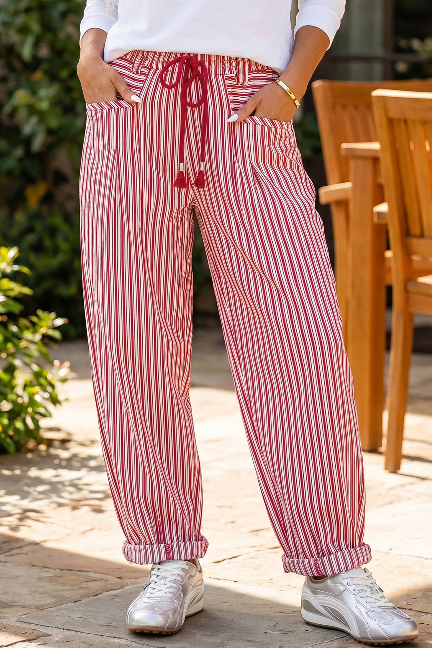 Red Stripe Drawstring Casual Loose Pants