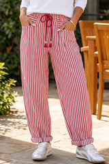 Red Stripe Drawstring Casual Loose Pants