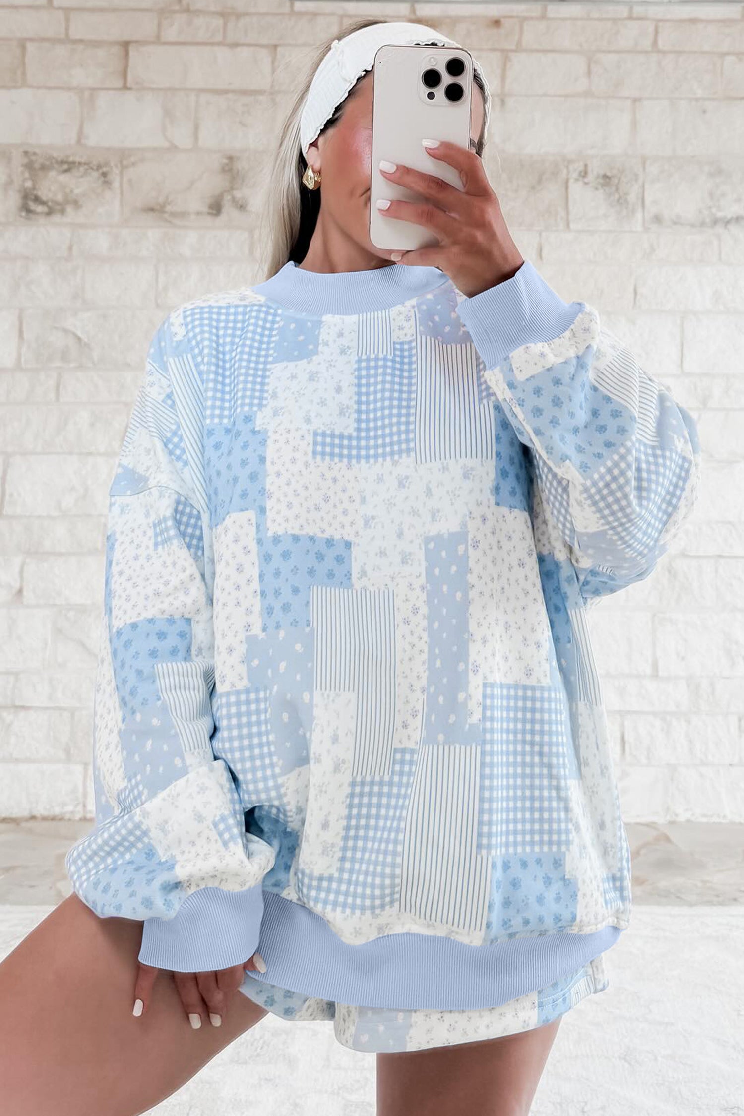 Sky Blue Patchwork Floral Print Drop Shoulder Baggy Pullover Drawstring Shorts Set