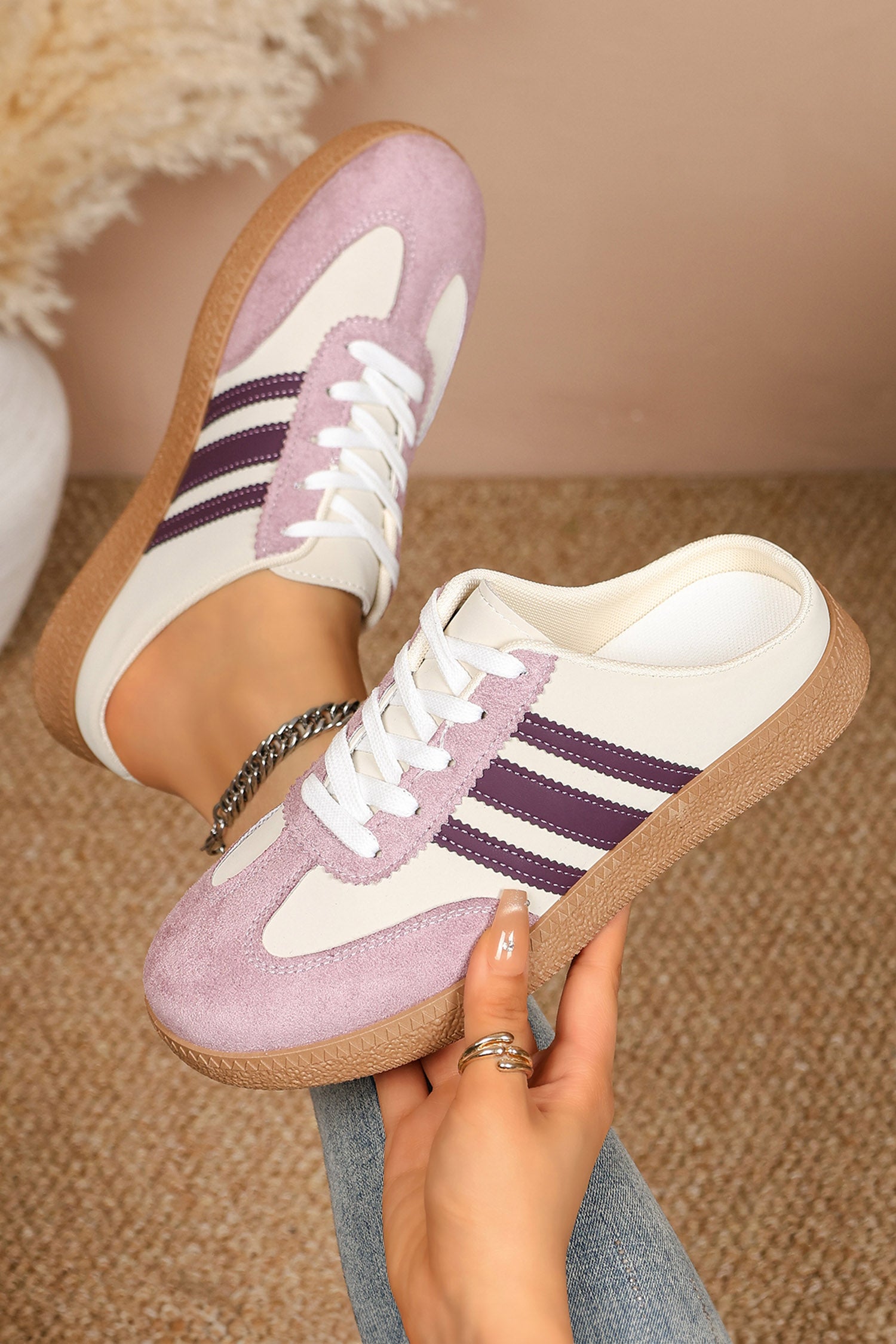Color black PU Leather Color Block Varsity Lace Up Flat Shoes