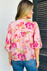 Pink Floral Print Tie Neck Puffy Half Sleeve Blouse