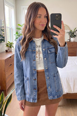 Sky Blue Patchwork Leather Collar Long Sleeve Denim Jacket